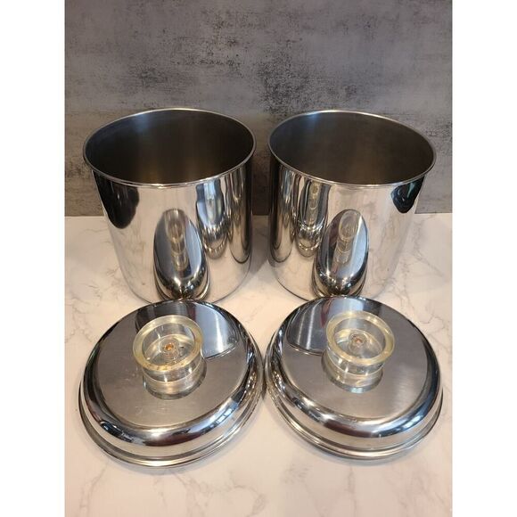 Revere Ware 1801 Stainless Steel MED Canisters w Lucite Knob 1960 MCM Set Of Two - Picture 3 of 10